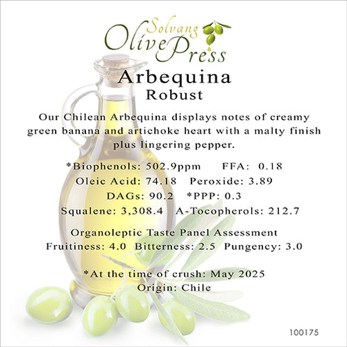 Arbequina Premium Extra Virgin Olive Oil, Robust Intensity 502ppm