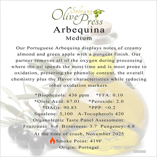 Arbequina Ultra Premium Extra Virgin Olive Oil, Medium Intensity 436ppm