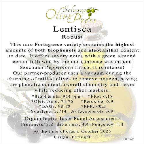 Lentisca Premium Extra Virgin Olive Oil, Robust Intensity 924ppm