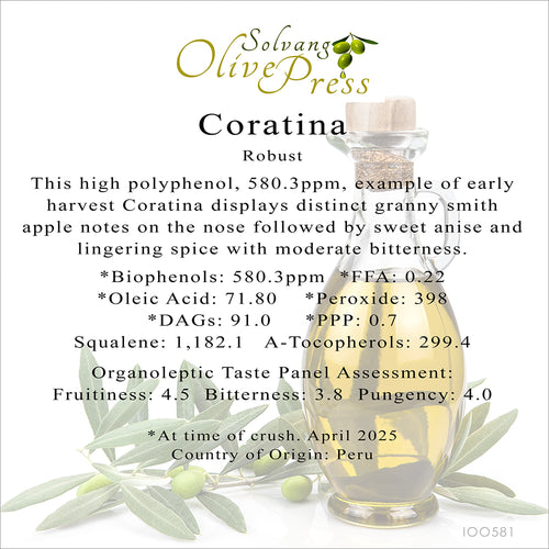 Coratina Premium Extra Virgin Olive Oil, Robust Intensity,  580 ppm