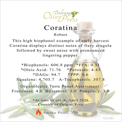 Coratina Ultra Premium Extra Virgin Olive Oil, Robust Intensity, 606.8 ppm