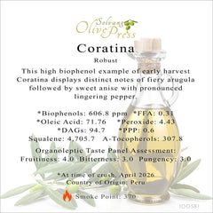 Coratina Ultra Premium Extra Virgin Olive Oil, Robust Intensity, 606.8 ppm