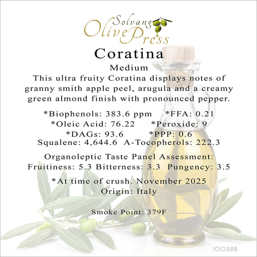 Coratina Premium Extra Virgin Olive Oil, Medium Intensity, 383.6 ppm