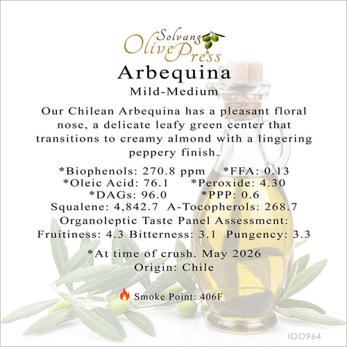 Arbequina Premium Extra Virgin Olive Oil, Mild Intensity 270.8ppm