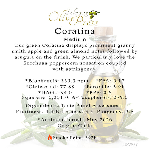 Coratina Premium Extra Virgin Olive Oil, Medium Intensity, 335.5ppm