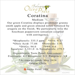 Coratina Premium Extra Virgin Olive Oil, Medium Intensity, 335.5ppm